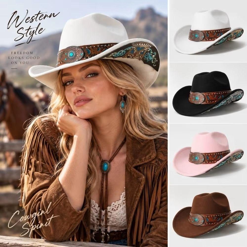 Wide Brim Western Cowboy Hat Turquoise Decor Western Cowgirl Hat Stage Performance