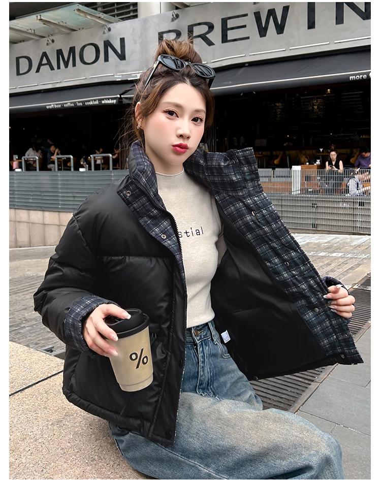 Vertical Collar Plaid Contrast Cotton Warm Short Thickened Jacket