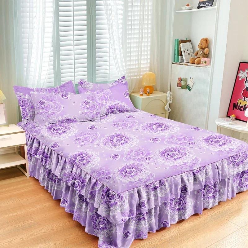 Nordic Floral Queen Bed Skirt Without Pillowcase Double Single Mattress Cover Anti-slip Full Size Adjustable Bedspread 360°Warp