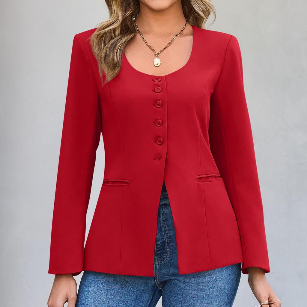 Ladies' Fashionable Button Low Round Neck Slit Hem Casual Solid Color Suit