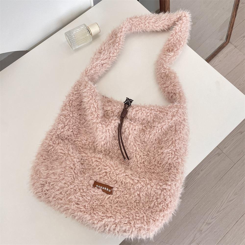 Vintage Lamb Wool Shoulder Bag Harajuku Plush Underarm Bag Vintage Fluffy Tote Bag  Women