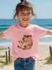 Capybara Funny Cartoon Juice-Drinking Sunglasses-Printed Short-Sleeved T-Shirt Boys And Girls, Casual Fashionable Children's Top