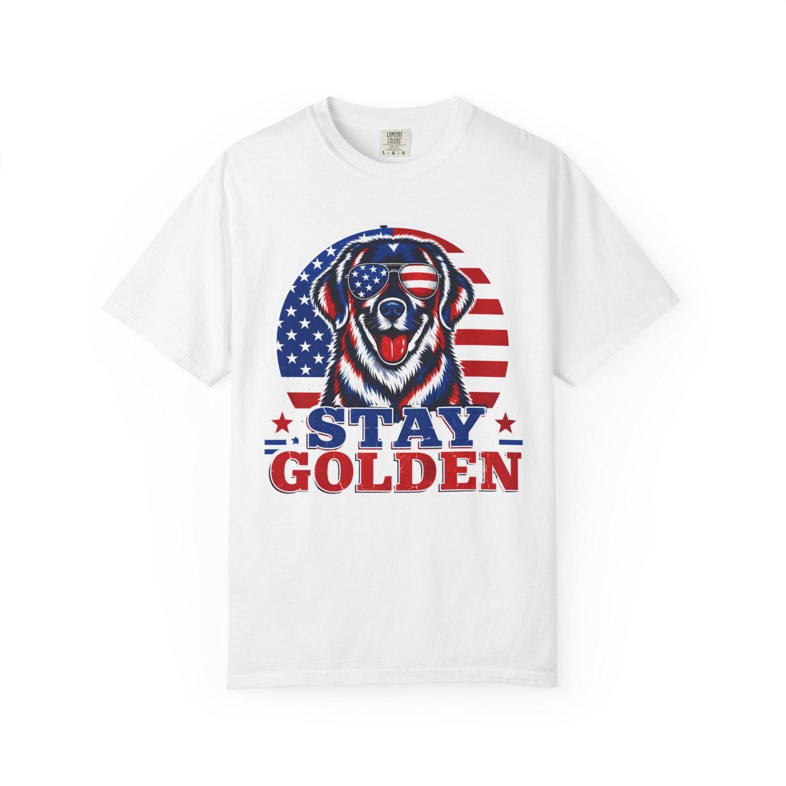 Stay Golden Golden Retriever T-shirt | American Flag Patriotic Dog M