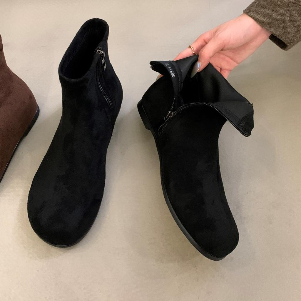 2025 new round head thick heel splicing low tube rear zipper soft sole Chelsea Martin women's short boots