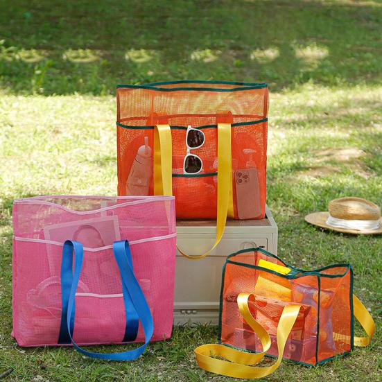 Beach Mesh Bag Large Capacity with Reinforced Bottom Tote Holds Wet Swimsuits Foldable Travel