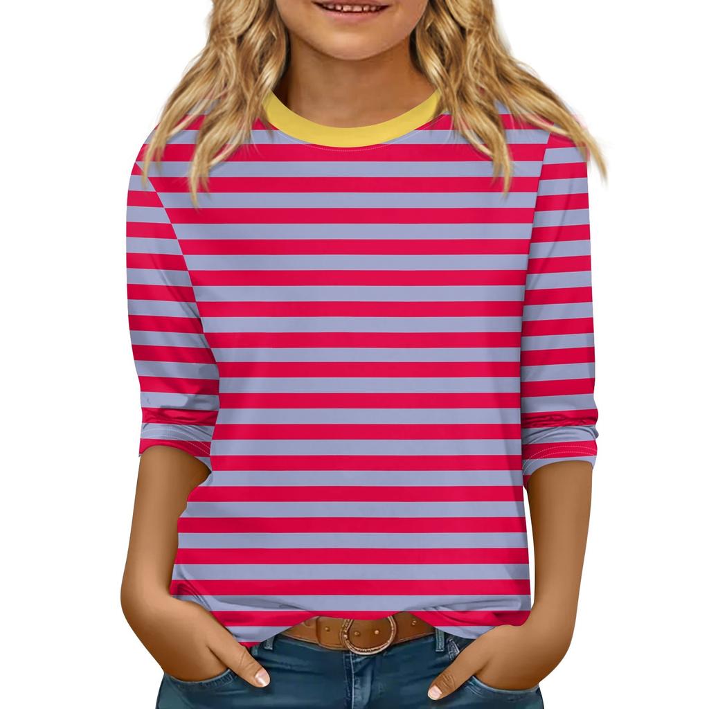 Children's 3/4 Sleeve Tops Casual  Print T Shirt Round Neck Pullover Blouse