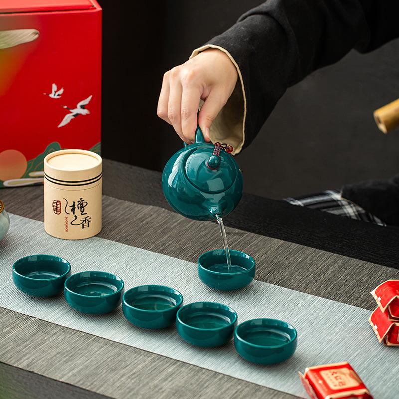 Guochao Business Cultural Gift Tea Set a Pot 6 Cups Celadon Xishi Pot Incense Sandalwood Combination Set a Piece of Hair