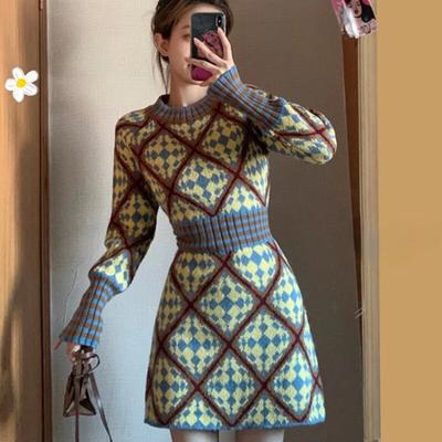 Women's Waist Thin Temperament Bottoming with New Year's Thick Sweater Skirt Knitted Dress Autumn Winter O-Neck