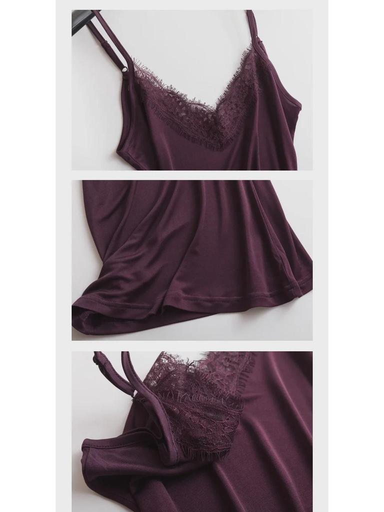 Tangge Maulbeerseide V-Ausschnitt Spitzen-Spaghettitop