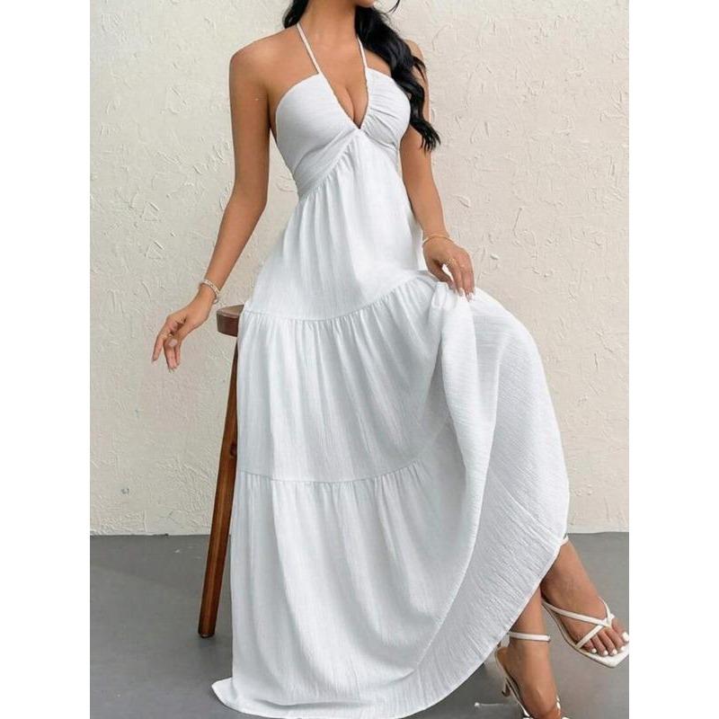 Amazon eaby European and American summer new hot-selling women's neck dress suspender strap holiday skirt