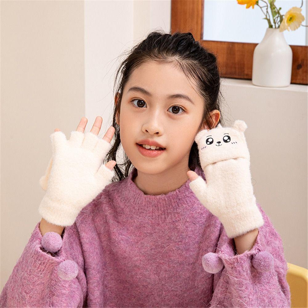Half Finger Flip Cover Student Mittens Thick Plush Riding/Writing Gloves Knit Gloves 3-12Years