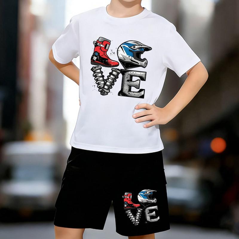 

Boys 2 Piece Motorcycle culture & LOVE letter printed Outfit, Short Sleeve T-Shirt and Shorts Set for Kids Age 5-14,White Sporty Casual Summer Clothes 13-14 Years білий