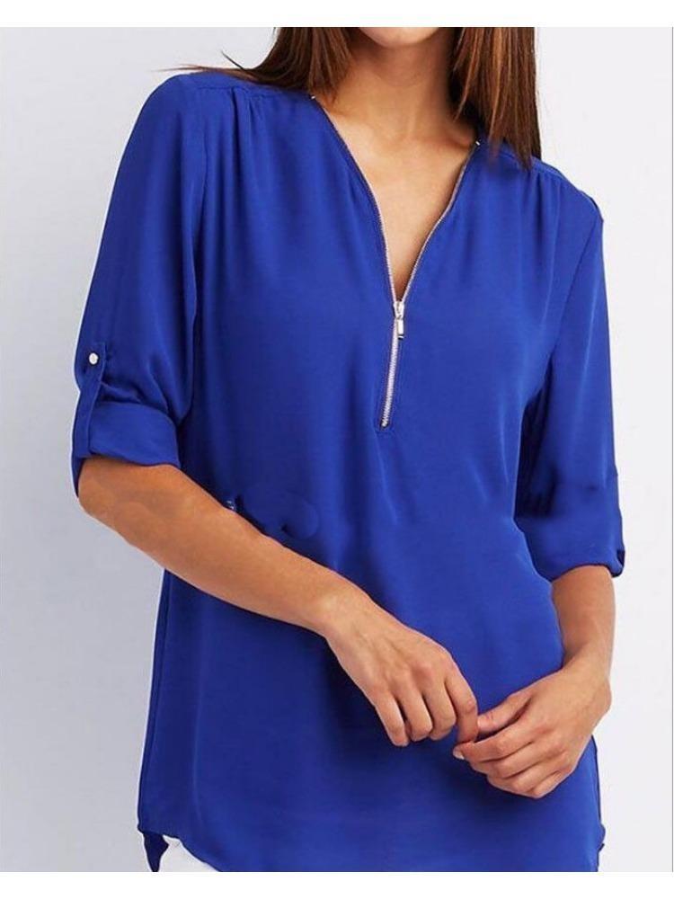 

Женская шифоновая рубашка большого размера свободного кроя с V-образным вырезом, длинными рукавами и регулируемой молнией XL синий