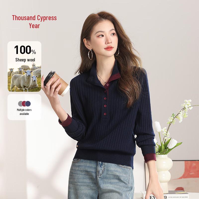 Qianbainian Women s Pure Wool Color-block Knit Sweater M