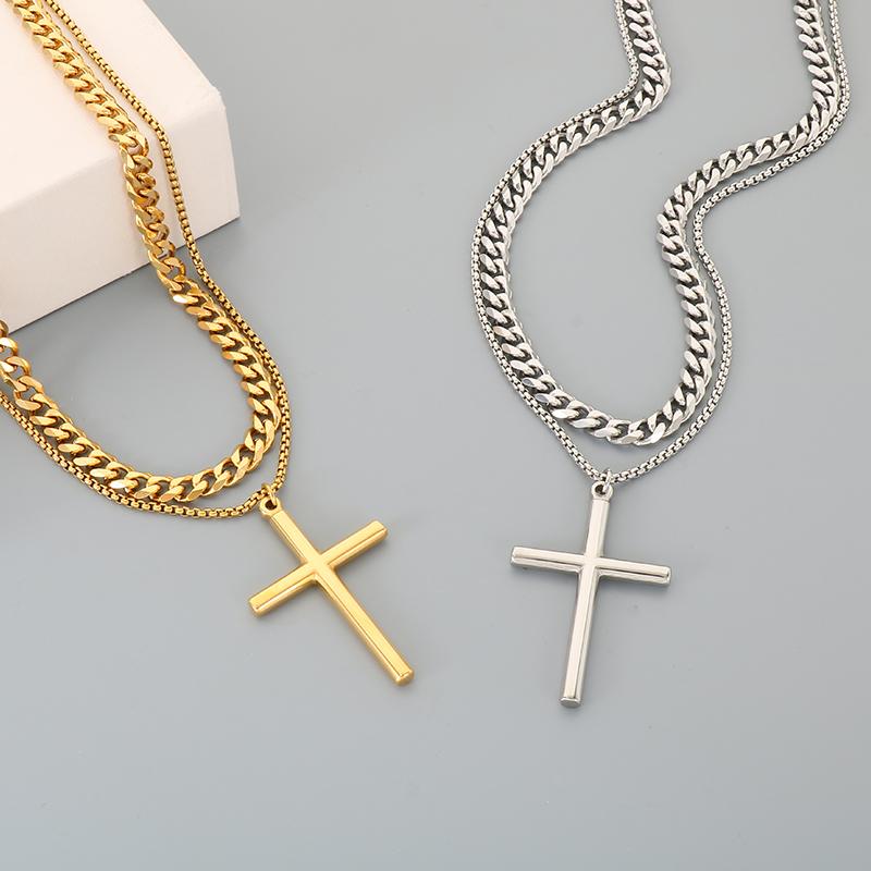 Double-Layer Stainless Steel Cross Pendant Necklaces for Men Metal Chain Religious Design Trendy Jewelry Daily Golden Accessory