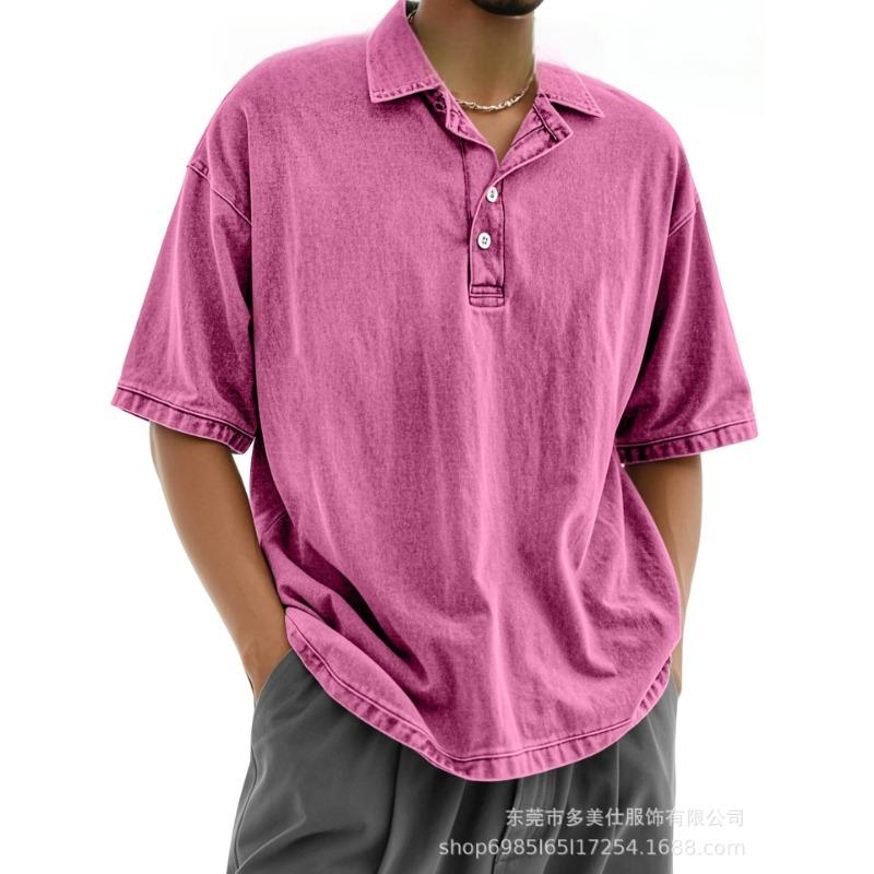 Mens Casual Washed Solid Color Drop Shoulder Short Sleeve Polo Shirt