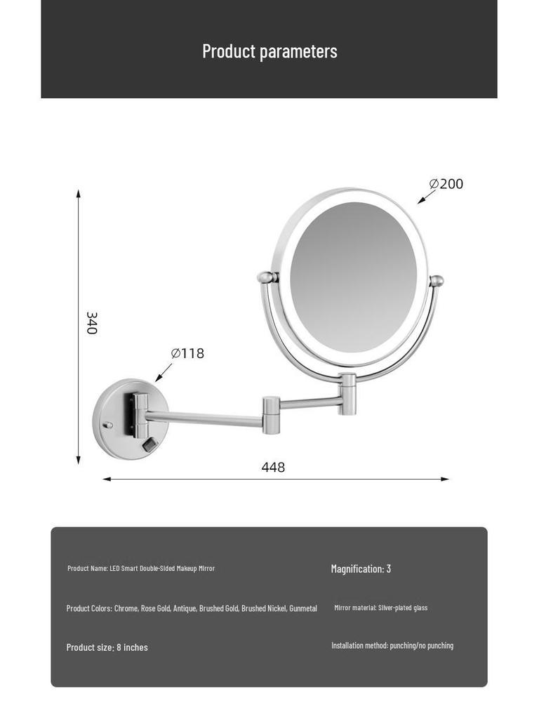 LED Bathroom Vanity Mirror with Folding Makeup Light - Wall-Mounted for Home & Hotel Use