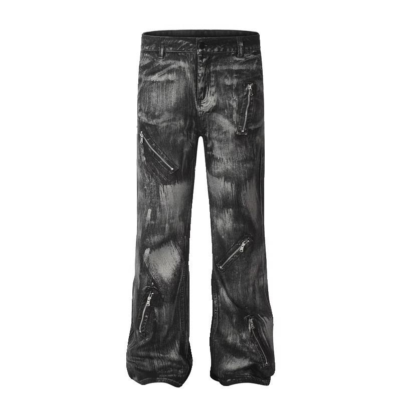 Washed tie-dye micro-pull jeans men's American vibe trendy brand retro ruffian handsome heavy industry niche zipper straight trousers