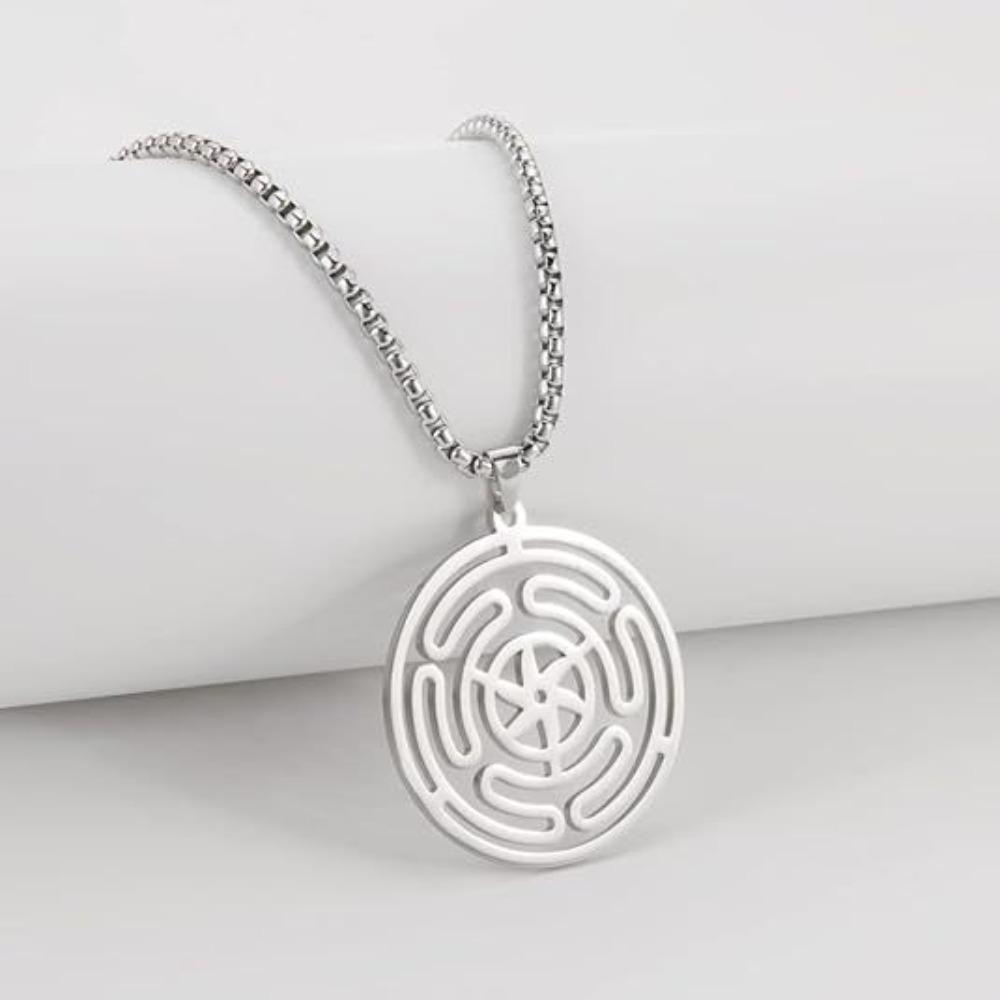 Simple Fashion Stainless Steel Hollowed-out Totem Circular Pendant Necklace for Woman Men Pagan Witchcraft Sweater Chain Jewelry