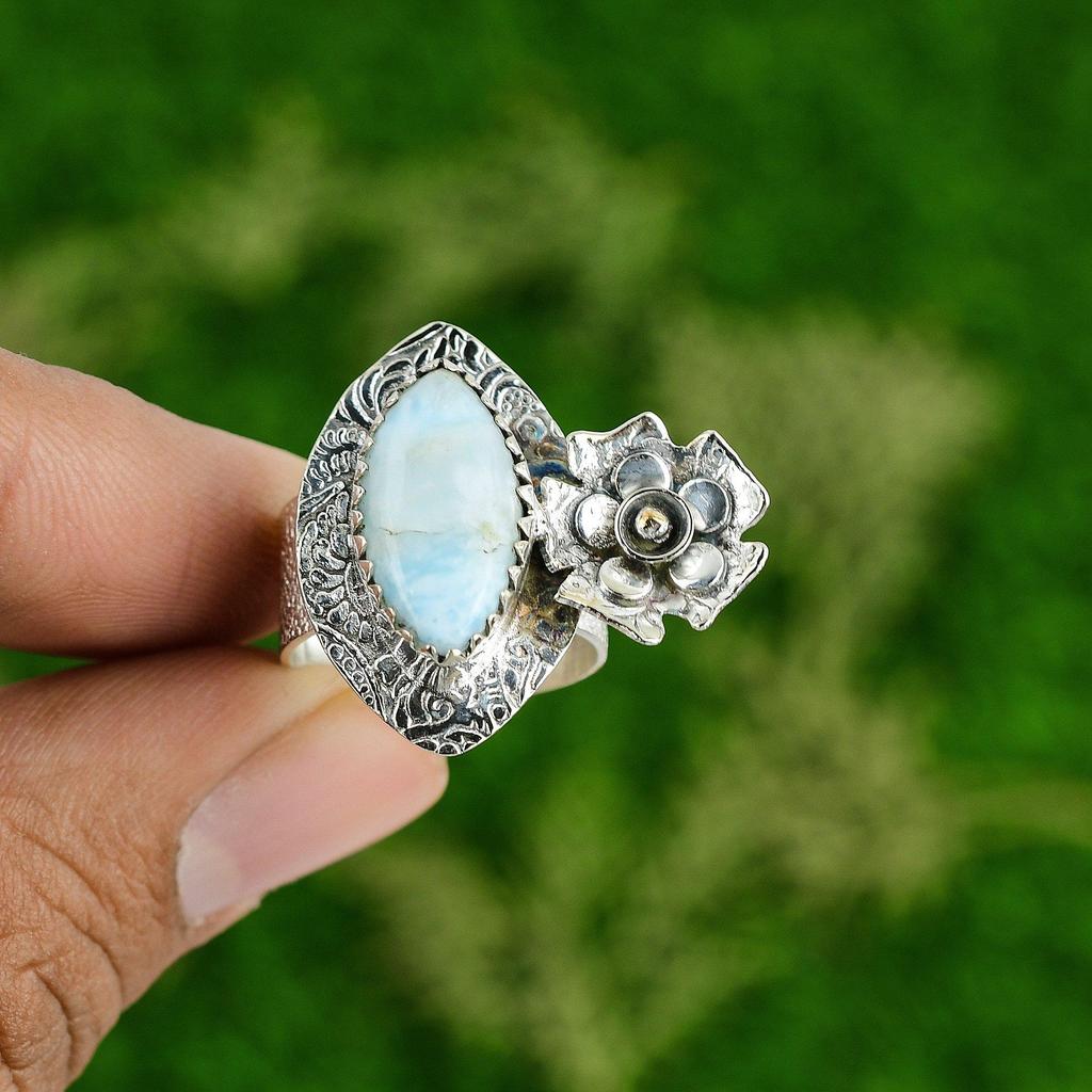 Natural Larimar Gemstone 925 Silver Promise Flower Ring Size 6.75 For Girls