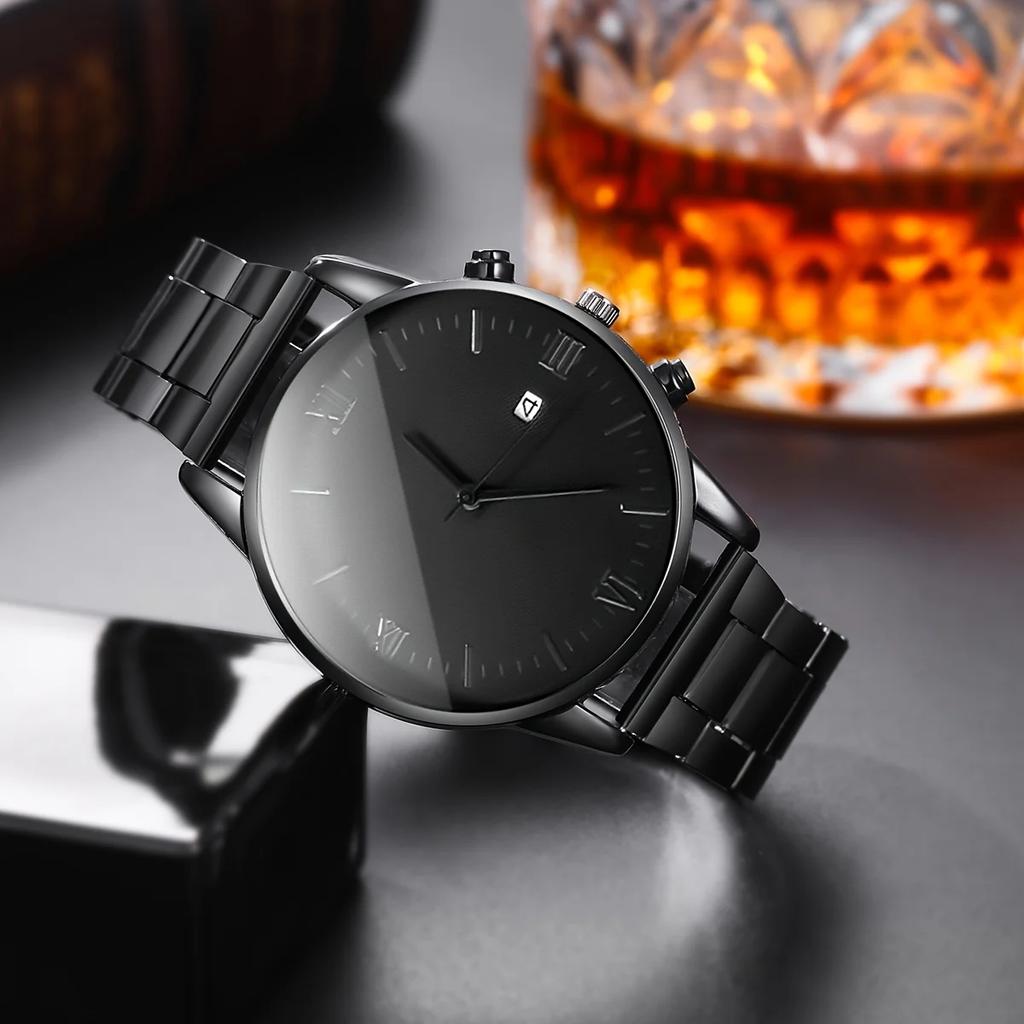 4pcs-Men's Quartz Watch Set, Round Dial, Includes Cross Pendant Necklace, Bracelet & Ring, Perfect Gift (no Box)