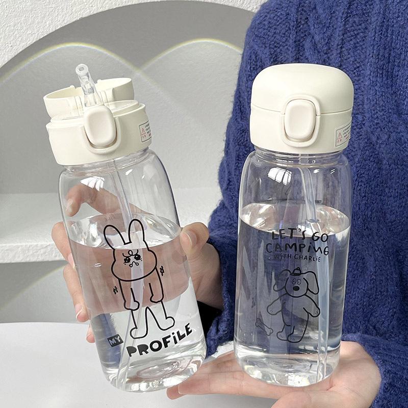 600ML Plastic Water Bottle With Straw Transparent Water Bottle Bouncing Straw Sports Cup Portable Drop Cartoon Ice Suction Cup
