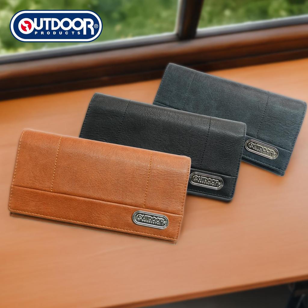 Outdoor Products Long Wallet with Synthetic Leather, Card Slots, Bill Slots, Coin Purse, Stitching, Metal Plate, Black