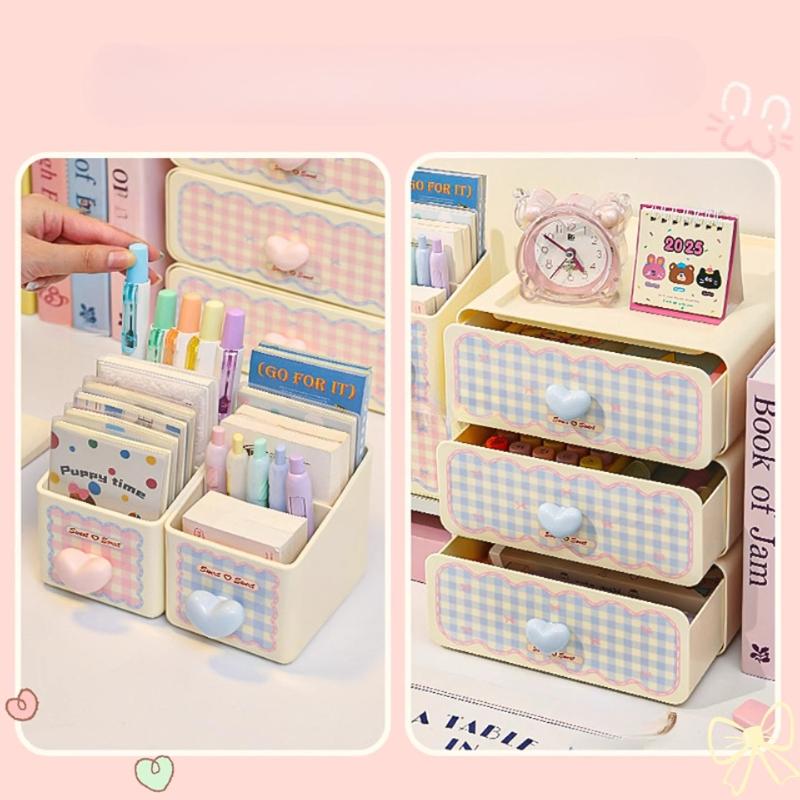 Kawaii Cream Stationery Storage Box Organizer Large Capacity Student Dormitory Sundries Cosmetic Drawer-style Storage Rack Stack