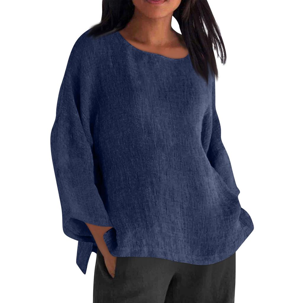 Long Sleeved Round Neck Solid Color Top Cotton and Linen Women’s Blouses & Shirts