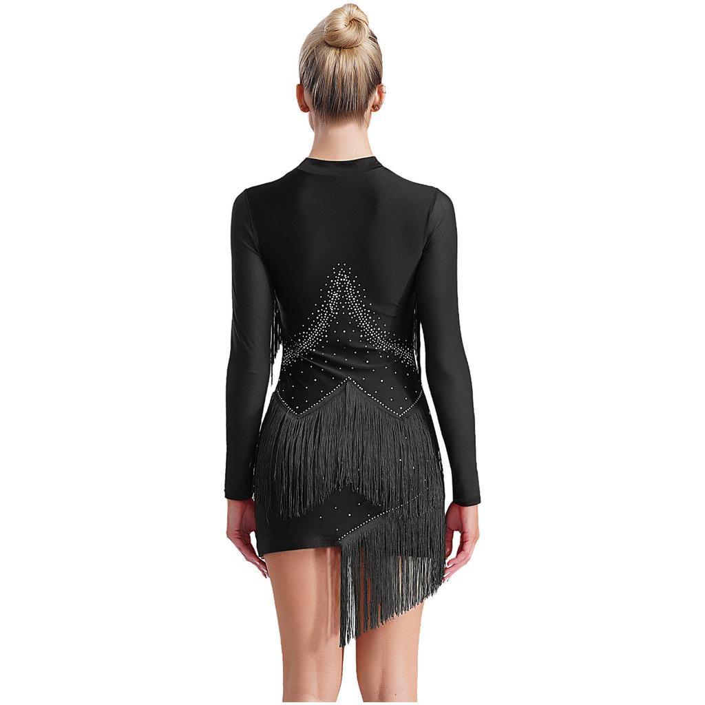 Vestido de dança latina feminino, decote em V, manga comprida, franjas brilhantes de strass, fantasia para apresentações de tango, rumba, cha cha