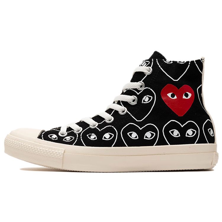 Converse CDG X Chuck Taylor All Star Multi-Heart All Over Print Casual Comfortable High Top Canvas Shoes Unisex Sneakers Black White 168982C