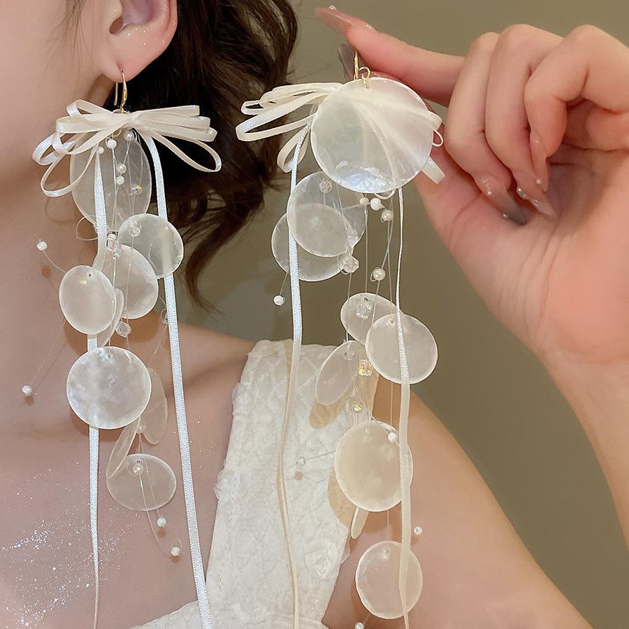 Seaside vacation style flower shell fringed long earrings stud earrings women's earrings design sense