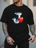 Unisex Crew Neck Tee 3d Letter J Red Heart Print Short Sleeve Loose Oversized Male Street Casual Soft Breathable Basic Daily Wear