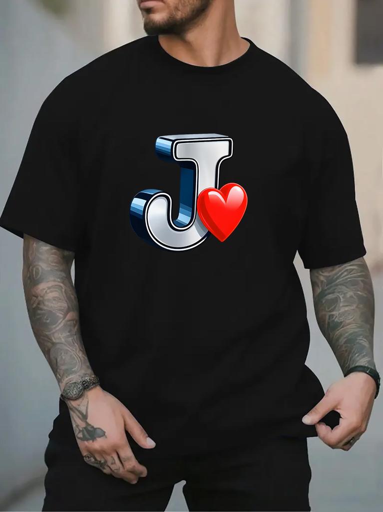 Unisex Crew Neck Tee 3d Letter J Red Heart Print Short Sleeve Loose Oversized Male Street Casual Soft Breathable Basic Daily Wear