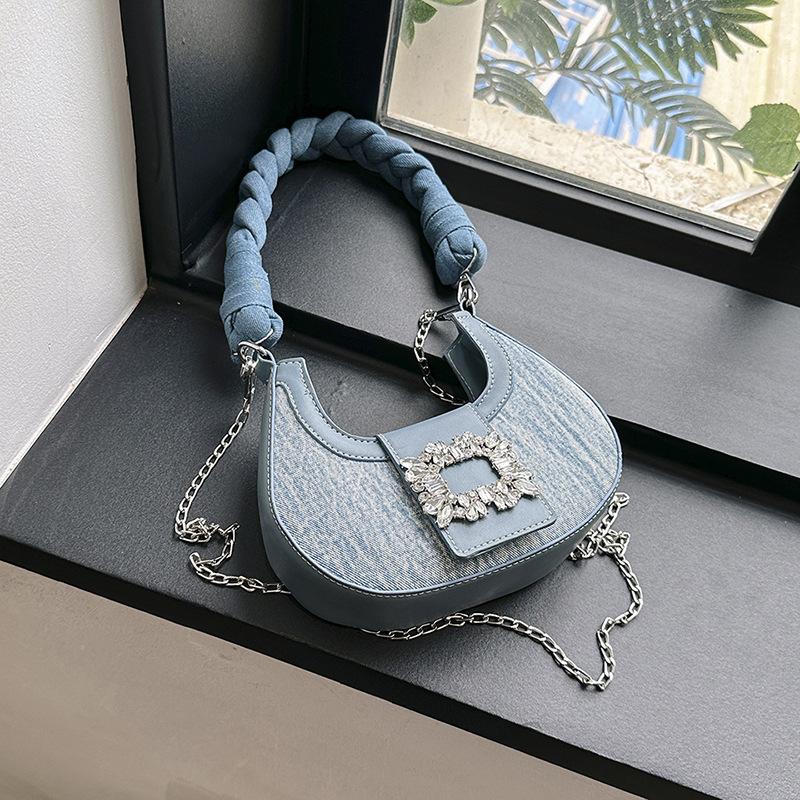 

Fashion Cowboy Drilling Women S Shoulder Bag Simple Twisted Braid Weaving Girls Crescent Bag New Square Buckle Girls Underarm Quality