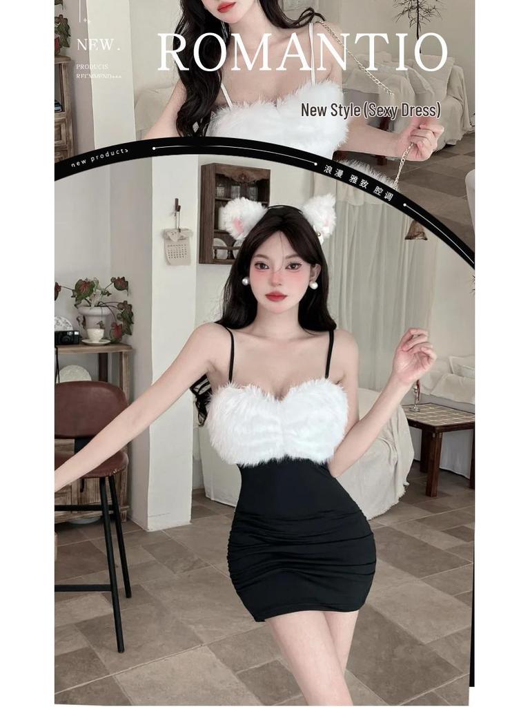 Low-cut Semi-sheer Fur Patchwork Spaghetti Strap Bodycon Dress, 2026 Niche Style