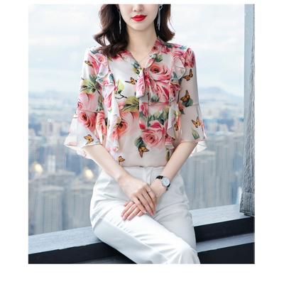 Women's Floral Chiffon Blouse with Bow Tie Neck and Ruffle Sleeves, Loose Fit Short Sleeve Top