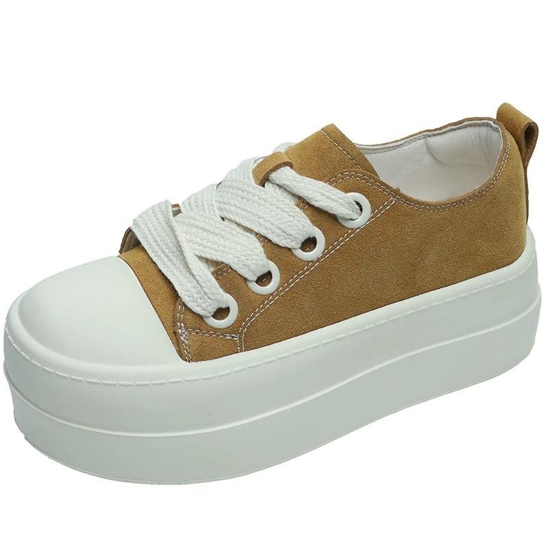 European station soft leather thick baseplate shoes women's 2025 spring and autumn new small white shoes round head lace-up casual bread shoes