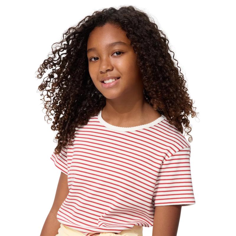 UNIQLO 484065 Girls Rib T-Shirt Border Short Sleeve Red White Kids Japan 140 красный