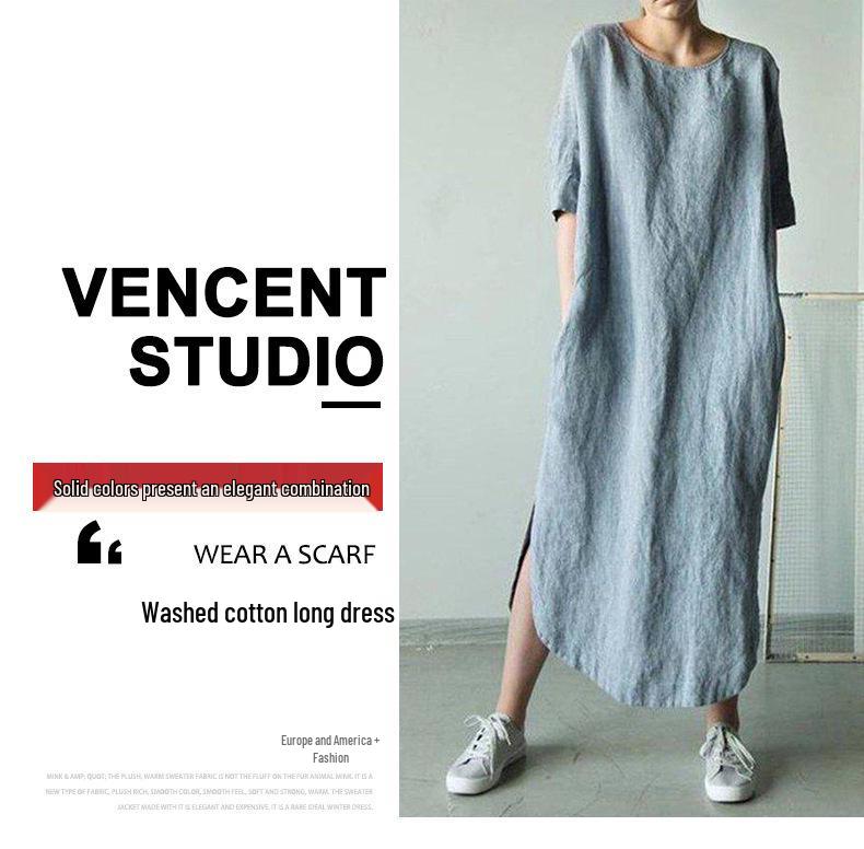 2024 Solid Color Crew Neck Side Slit Mid-Calf Dress with Short Sleeves