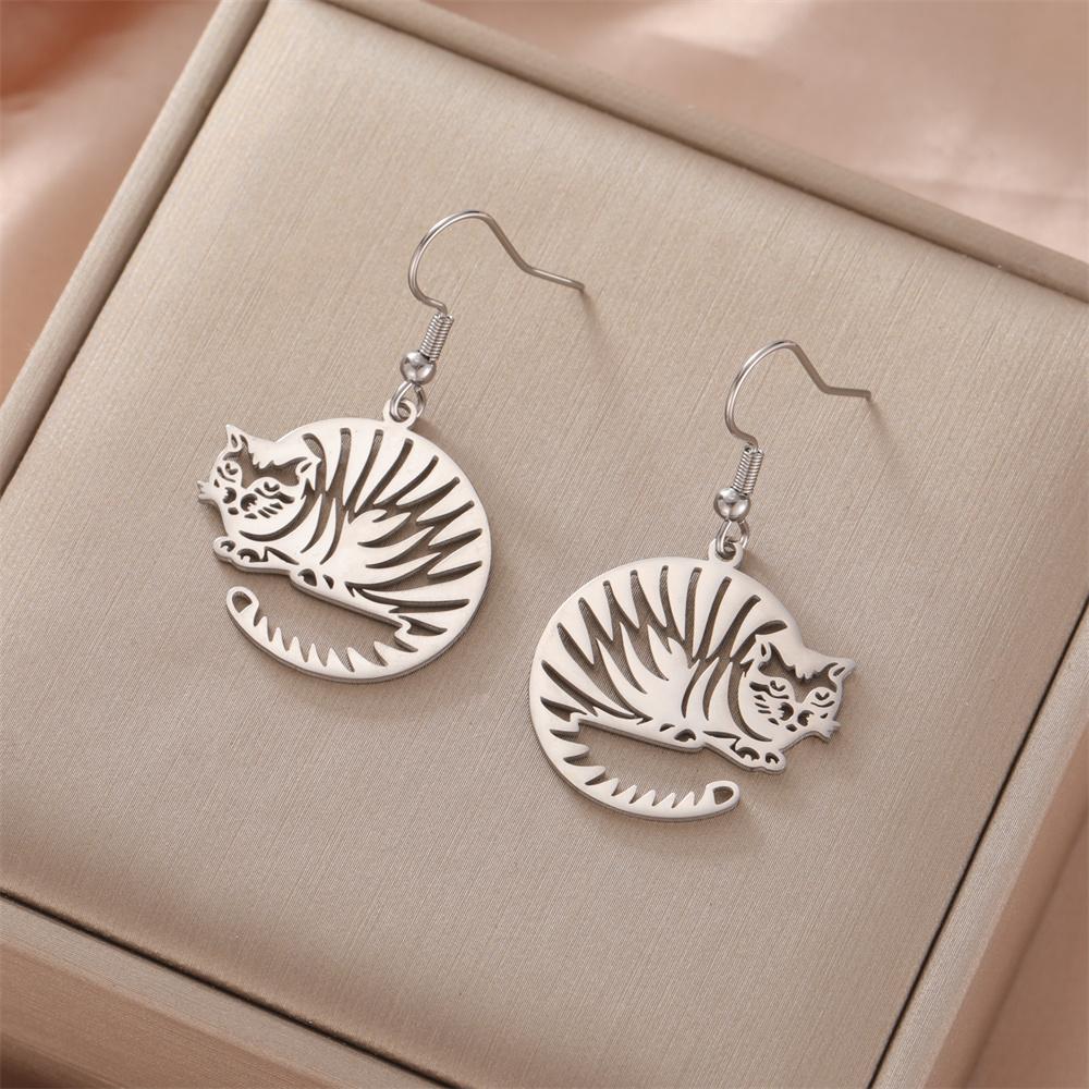 My Shape Striped Cat Dangle Earrings for Women Tiger Striped Cat Drop Earrings Kitten Animal Pendant Stainless Steel Jewelry
