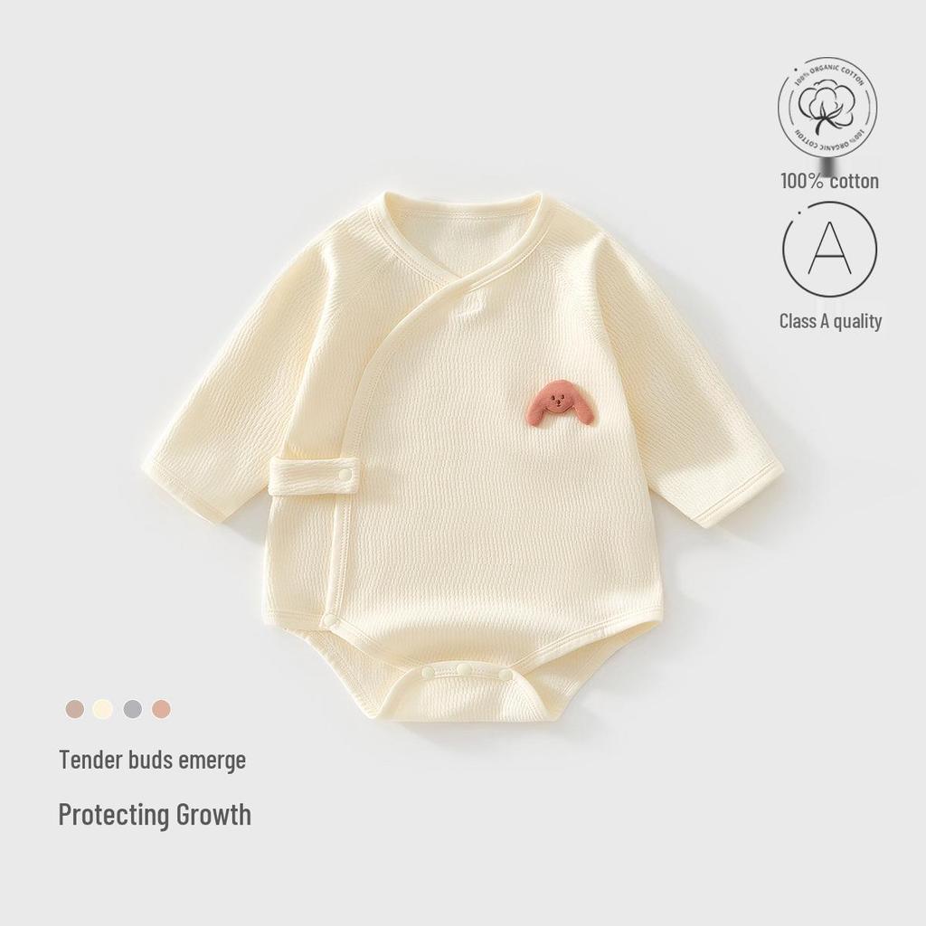 Infant Pure Cotton Long Sleeve Bodysuit with Off-Center Placket - Newborn Spring Romper