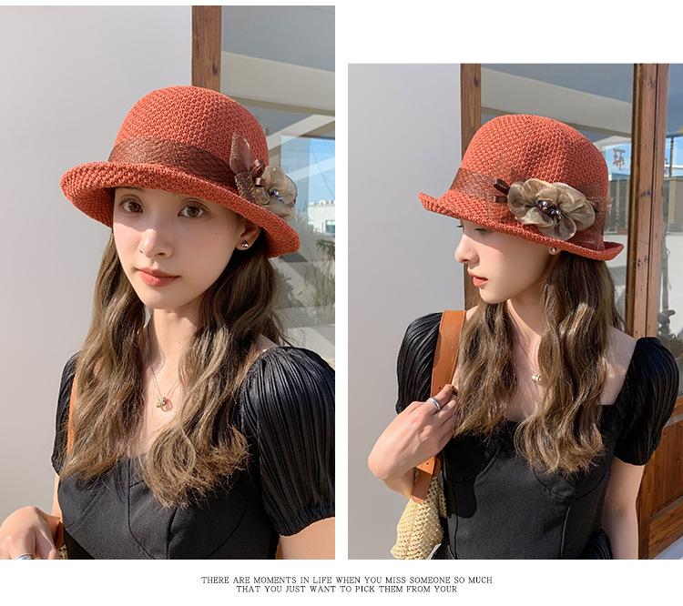 Fashion Elegant Version Women Summer New Knitted Breathable Flower Fisherman Hat Sunshade Sunscreen Curly Edge Short-brimmed Hat