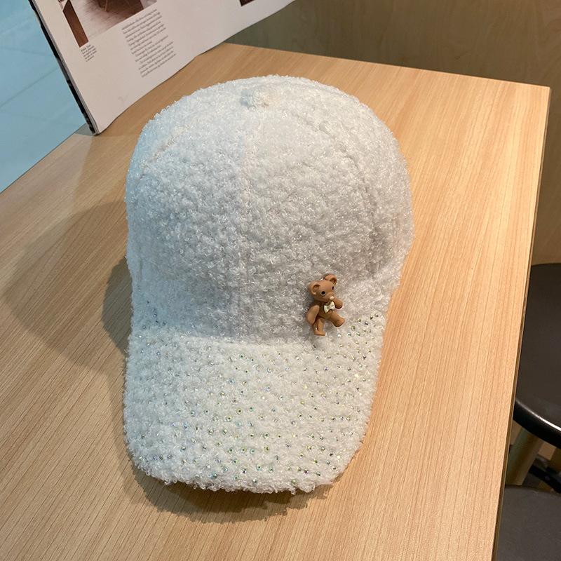 Korean Autumn and Winter Fashion Diamond Brim Plush Baseball Hat Korean Style Cute Little Bear Warm Baseball Cap Trendy