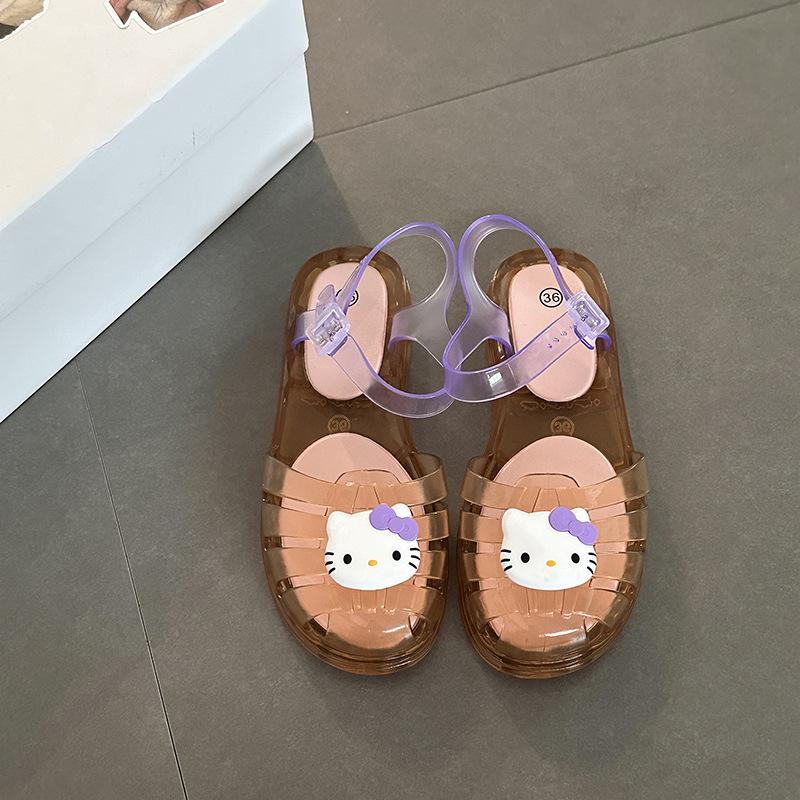 Casual cartoon Hello Kitty jelly crystal flats ladies summer retro cute KT cat versatile hollow sandals