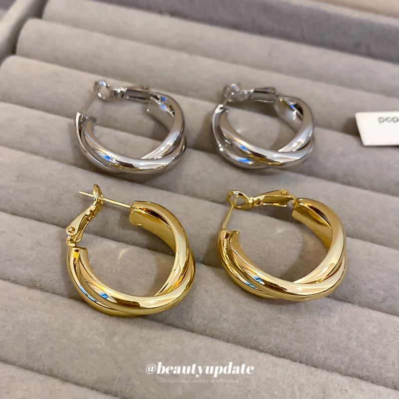 K real gold electroplated silver needle round double-layer stud earrings casual fashion commuting versatile earrings light luxury niche earrings