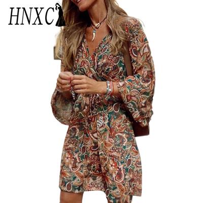 HNXC Women's Fashion Summer Spring Floral Print 3/4 Sleeve V-Neck Casual Dresses