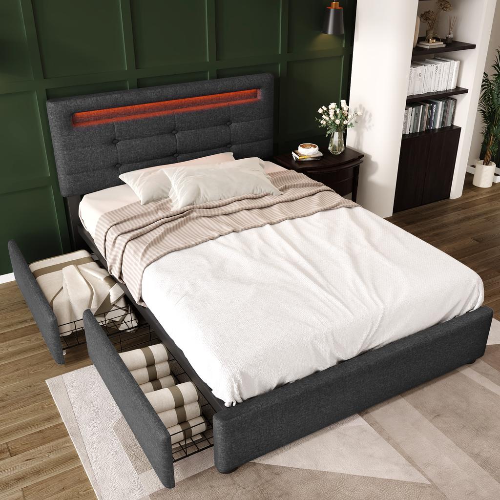 Bed Frame with LED Lighting and 2 Drawers, Single Upholstered Bed 90x200cm, Height-Adjustable Headboard, Wooden Slatted Frame, Grey (Without Mattress)