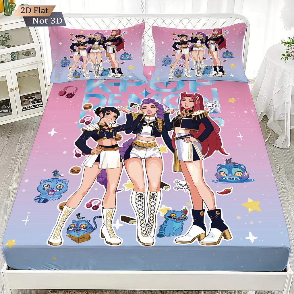 1pc K-Pop Demon Hunters Fitted Sheet Polyester Durablle Machine Washable Bedding Set for Home Bedroom Decoration Birthday Gift
