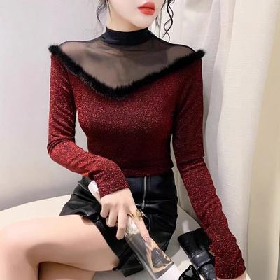 New Winter Mesh Long-sleeved T-shirt for Women's Temperament, Versatile Slim Top Base Shirt